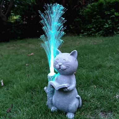 RCTTICUU Cat Solar Garden Statues,Resin Cat Figurine Reading a Book and 7-Color Changing Optical Fiber with Solar Lights, Lawn Decor Outdoor Statue for Patio,Balcony,Yard,Lawn Ornament - Image 1
