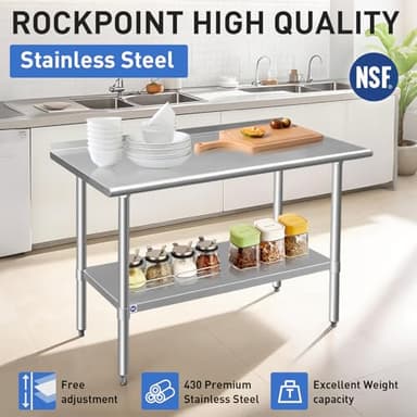 ROCKPOINT Stainless Steel Table for Prep & Work with Backsplash 14x60 Inches, NSF Metal Commercial Kitchen Heavy Duty Table with Adjustable Under Shelf and Table Foot for Restaurant, Home and Hotel - Image 3