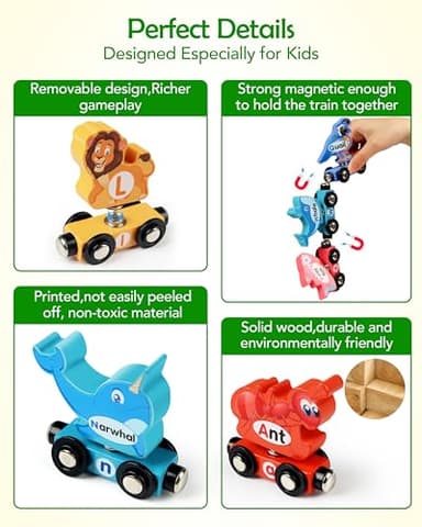 Vanmor Wooden Train Set for Toddlers - Snap-Connection Animal Trains, Magnetic Alphabet Train Learning Toys, STEM Preschool Toys, ABC and Animal Play Set for Kids Ages 3-5 - Image 5