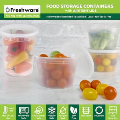 Freshware 48 Pack of 16 and 32 oz, 24 sets each size Food Storage Containers with Lids, Plastic Deli Containers, Meal Prep Containers, Microwave and Freezer Safe, Stackable, Leakproof, BPA Free, Clear - Image 2