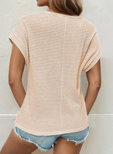 Dokotoo Womens Tops Summer Waffle Knit Oversized Shirt Henley Short Sleeve Tunic Tops Casual School Outfits for Teachers Loose Blouses Solid Color Tee T Shirts for Women 2025 Fashion Beige L - Image 2
