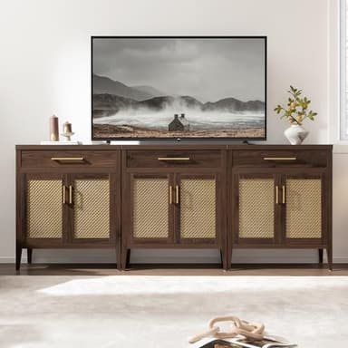 SICOTAS Buffet Cabinet - 90“ Sideboard Cabinet Modern Credenza with Drawers and Metal Mesh Doors, Accent Buffet Table Coffee Bar for Living Room Kitchen Entryway Hallway, Espresso Walnut - Image 3