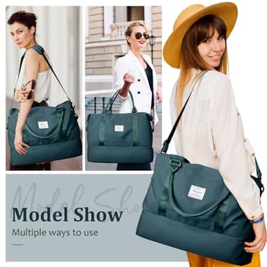 Weekender Bags for Women,Personal Item Travel Bag with Shoes Compartment,Overnight Travel Duffel Bag with Grid Toiletry Bag,Peacock Blue - Image 2