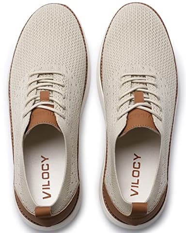 VILOCY Men's Casual Dress Sneakers Oxfords Business Shoes Lace Up Lightweight Comfortable Breathable Walking Knit Mesh Fashion Sneakers Tennis Beige,EU42.5 - Image 3