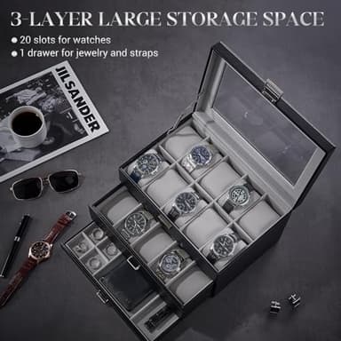 ProCase 20 Slot Watch Box for Men, 3-Layer Watch Display Case with Glass Lid, Watch Holder with Drawer, Jewelry Storage Organizer for Watches Straps Rings -Black - Image 6