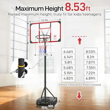 Yohood Kids Basketball Hoop Outdoor 4.82-8.53ft Adjustable, Portable Basketball Hoops & Goals for Kids/Teenagers/Youth in Backyard/Driveway/Indoor, with Enlarged Base and PC Backboard - Image 2