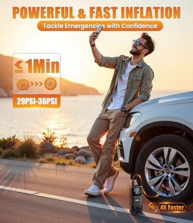 Tire Inflator Portable Air Compressor: 20000mAh & 150PSI Fast Inflation Air Pump for Car Moto Bike Ball - One-Button Control - Senior-Friendly Solution for Elderly Drivers - Image 2