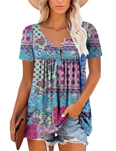 ROSELINLIN Womens Floral Tunic Tops Summer Dressy Casual Tops Short Sleeve V Neck Shirts Blue Blocks XL - Image 2