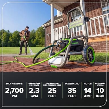Greenworks Pro Brushless 2700 PSI (CSA Certified) 2.3 GPM Max / 1.2 GPM Electric Pressure Washer (Foldable Handles, Rugged Steel Frame, 25 FT Hose, 35 FT GFCI Power Cord) - Image 3