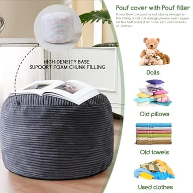 HIGOGOGO Round Stuffed Pouf Ottoman, Corduroy Poufs with Foam Chunk Filling, Furry and Fluffy Pouf Foot Stool Storage Ottoman, 20 X 15 Floor Poufs Foot Rest for Living Room, Dark Grey - Image 4
