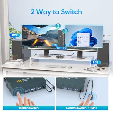 8K@60Hz Displayport KVM Switch 2 Monitors 2 Computers USB 3.0, 4K@240Hz KVM Switch Displayport with 3 USB 3.0 Ports Sharing Keyboard and Mouse, Printer/Scanner, Desktop Controller - Image 2