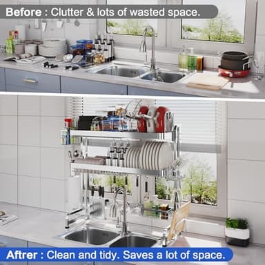 LIVOD Over The Sink Dish Drying Rack,3 Tier Adjustable Length Full Stainless Steel Large Storage Kitchen Dish Rack,for Kitchen Counter Expandable Multifunctional Organizers,Silver (25.98-37.6") - Image 7