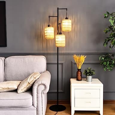QIYIZM Floor Lamp for Living Room,Bedroom,3-Lights Boho Rattan Tree Floor Lights,Industrial Black Farmhouse Standing Lamp Wicker Rustic Tall Lamp,Woven Bamboo LampShade Floor Lamps Bohemian - Image 8