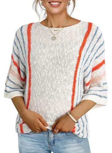 Dokotoo Womens Sweaters Casual Fall Winter 2025 Crewneck Color Block Striped 3/4 Sleeve Loose Lightweight Crochet Knit Trendy Pullover Sweaters for Women Tops Shirts White Medium - Image 1