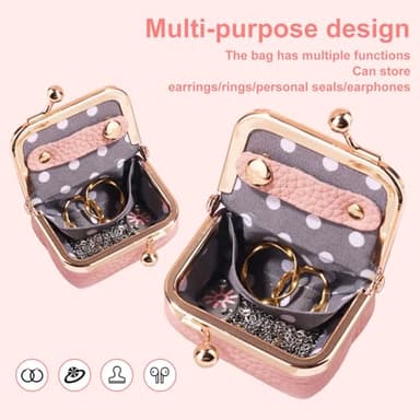 Genuine Leather Mini Jewelry Box, Mini Jewelry Travel Case, Small Portable Organizer Storage Pouch, Coin Purse with Kiss Lock for Ring Necklace Earrings Bracelet Perfect Gift for Women Girls (Pink) - Image 5