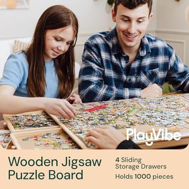 PlayVibe 1000 Piece Rotating Puzzle Board with Drawers and Cover - Jigsaw Puzzle Table with Cover & 4 Compartments - 22” x 30 Portable Wooden Lazy Susan and Spinning Accessory - Image 3