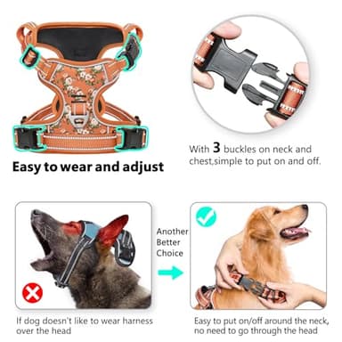 Timos Dog Harness for Large Dogs, No Pull Service Vest with Reflective Strips and Control Handle,No Choke Dog Harness with 2 Metal Rings for Easy Walking,Outdoor Training,Flower Orange, L - Image 2
