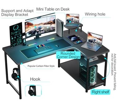 GTRACING L Shaped Gaming Desk, Carbon Fiber Style Computer Desk Compatible with Monitor Arm Storage Shelves Corner Desk Gaming Table for Home Office Desks Easy to Assemble Adjustable Shelf Height - Image 3