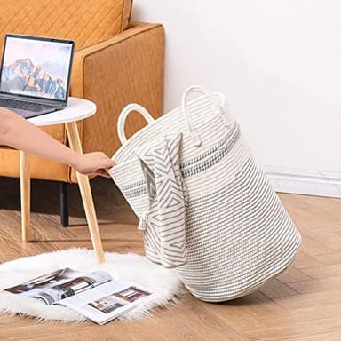 YOUDENOVA Woven Rope Laundry Hamper Basket, 58L Tall Luandry Basket, Baby Nursery Hamper for Blanket Storage, Clothes Hamper for Laundry in Bedroom-Large-Stripe White - Image 4