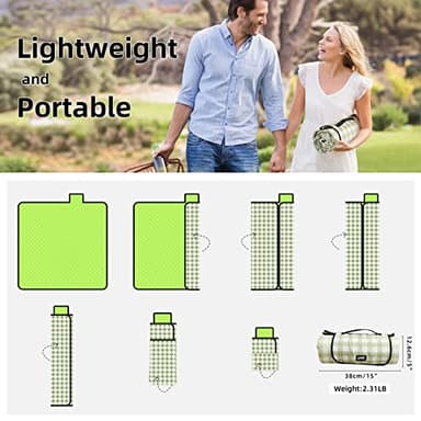 ZAZE Extra Large Picnic Outdoor Blanket, 80''x80'' Waterproof Foldable Blankets Gingham Picnic Mat for Beach, Camping Grass Lawn Park Accessories Cute Couple Gifts Ideas Wedding Registry(Green White) - Image 5