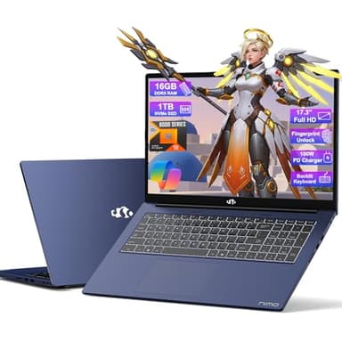 NIMO 17.3 Gaming-Laptop Ryzen 9 8945HS (>i9-13900H) 16GB RAM, 1TB SSD, Radeon 780M, PD 100W USB-C 4.0 AI-Enhanced for Copilot VR Ready, Backlit KB Fingerprint Unlock, Gaming Student Office Business - Image 1
