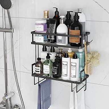 Godboat Bathroom Organizers, 2-Tier Over Toilet Storage, Floating Shelves with 2 Hooks & Paper Holder, Wall Mounted Shelf Furniture, Cool Accessories & Decor, Gifts for Women, Mothers Day (Black) - Image 6
