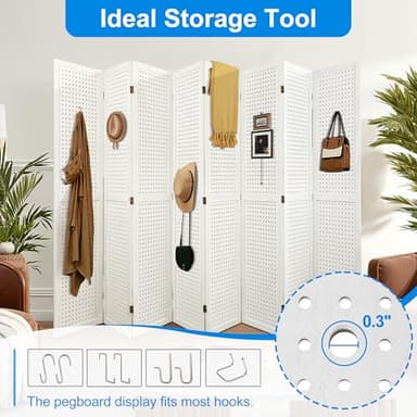 Grungis 8 Panel Room Divider with Pegboard Display 5.6FT Wood PegBoard Room Dividers, Folding Privacy Screens Portable Freestanding Partition Wall Divider for Art Shows & Room Separation, White - Image 5