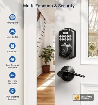Veise Fingerprint Door Lock with 2 Lever Handles - Keyless Entry Door Lock, Electronic Keypad Deadbolt, Digital Smart Code & Front Handle Sets, Auto-Locking, Easy Installation, Matte Black - Image 5