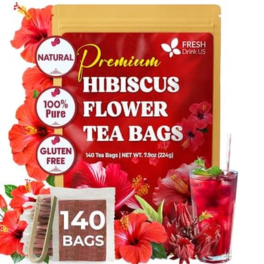 FreshDrinkUS, Premium 140 Hibiscus Flowers Tea Bags, 100% Natural, Handmade & Pure from Hibiscus Flowers. No Sugar/Caffeine/Gluten, Vegan. Tart & Refreshing, Hot or Ice Tea, Great For All Seasons - Image 1
