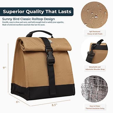 SUNNY BIRD Insulated Lunch Bag Rolltop Lunch Box Tote Bag for Women, Men, Adults and Teens (Brown) - Image 3