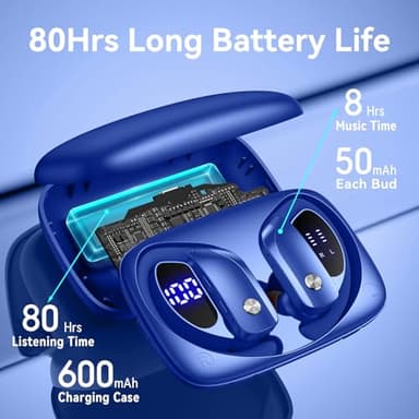 bmani Ear Buds Wireless Earbuds Bluetooth Headphones with 80H Playtime LED Display Case, Over-Ear Hook with Mic, Stereo Sound, Easy Button Controls, Sports Earphones for Running Workout Gym Blue - Image 2