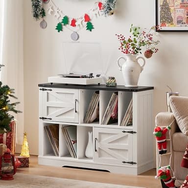 Joaxswe Large Record Player Stand with Vinyl Storage Up to 450 Albums, 39 Inch Farmhouse Rustic Wood White Storage Cabinet with Barn Doors, Vintage Mid-Century Turntable Stand for Bedroom, Living Room - Image 4