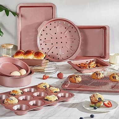 HONGBAKE Bakeware Sets, Baking Pans Set, Nonstick Oven Pan for Kitchen with Wider Grips, 10-Piece Including Rack, Cookie Sheet, Cake Pans, Loaf Pan, Muffin Pan, Pizza Pan - Pink - Image 2