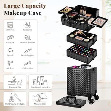 AROUS 5 in 1 Rolling Makeup Train Case Cosmetology Case on Wheels Large Cosmetic Organizer Travel Cart for Hairstylist Artist Nail Beauty Salon Barber,Black - Image 4