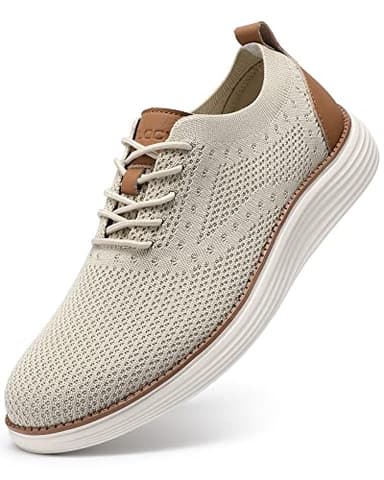 VILOCY Men's Casual Dress Sneakers Oxfords Business Shoes Lace Up Lightweight Comfortable Breathable Walking Knit Mesh Fashion Sneakers Tennis Beige,EU42.5 - Image 1