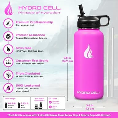 HYDRO CELL Stainless Steel Insulated Water Bottle with Straw - For Cold & Hot Drinks - Metal Vacuum Flask with Screw Cap and Modern Leakproof Sport Thermos for Adults (Fuchsia 32oz) - Image 3