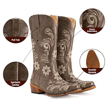 IUV Cowboy Boots For Women Mid Calf Cowgirl Boots Embroidered Pull-On Tabs Snip Toe Boot - Image 3