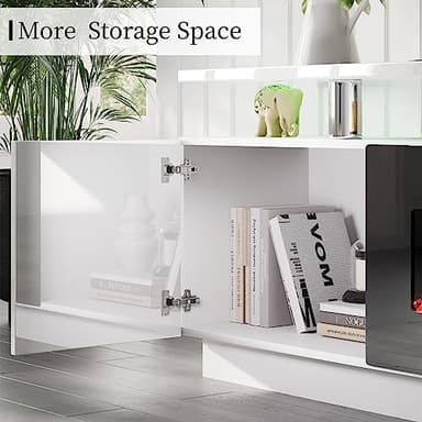 AMERLIFE Fireplace TV Stand with 40" Fireplace, 80" Modern High Gloss Fireplace Entertainment Center LED Lights, 2 Tier TV Console Cabinet for TVs Up to 90", Ivory White - Image 4