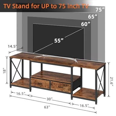 GYIIYUO TV Stand with Fabric Drawers for 65 70 75 Inches TV - Entertainment Center and Industrial TV Console Table with Open Storage Shelves for Living Room, Bedroom - 63" Rustic Brown - Image 2