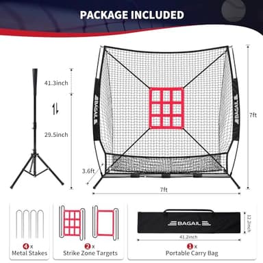 BAGAIL 7x7 ft Baseball & Softball Practice Net with Bow Frame for Batting, Hitting, Pitching, Portable Baseball Throwing Net with 2 Strike Zone Batting Tee, Carry Bag, Great for All Levels - Image 3