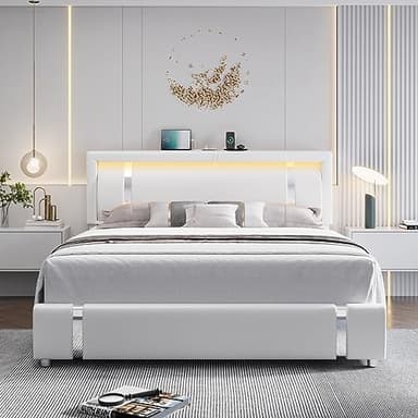 Keyluv King Size Bed Frame with RGB LED Lights & 2 Storage Drawers, Modern Upholstered Platform Bed with Iron Metal Decor, USB Charging Ports, White - Image 3