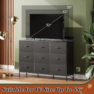 WLIVE Black TV Stand for 45, 50, 55 inch TV, Entertainment Center with LED Lights & Charging Station, TV Media Console Table with 9 Fabric Drawers and Open Shelves for Living Room, Hallway, Wood Top - Image 6