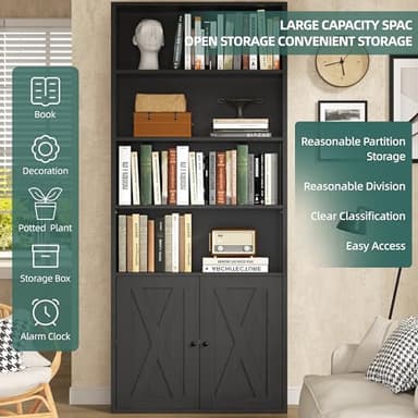 Shintenchi Bookshelf, Industrial Bookshelves and Bookcases with Doors Floor Standing 6 Shelf Display Storage Shelves 70.6 inches Tall Bookcase for Home Office, Living Room (Black) - Image 4