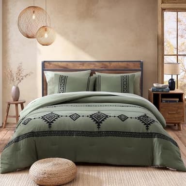 MAIREVE Olive Green Embroidery Comforters Set Queen Size - 7 Pieces, Farmhouse Western Bedding All Season Bed in A Bag Queen, Boho Comforter Set with Sheets, Pillowcases & Shams - Image 5