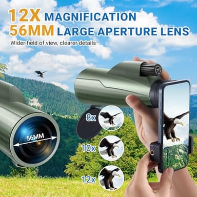 12x56 Monoculars for Adults High Powered, HD BAK4 FMC Monocular Telescope with Smartphone Adapter & Tripod, Portable Lightweight Monocular Scope for Bird Watching, Stargazing, Concerts & Sports Events - Image 3