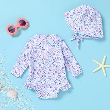 Infant Baby Girl Swimsuit One-Piece Long Sleeve Rash Guard with Hat Set Floral Zipper Bathing Suit Leopard Beach Wear (3-6 Months, Flower#2) - Image 3