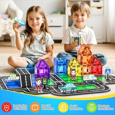IGIVI Magnetic Tiles City Road Set with Magnet Car, Magnetic Blocks Building Toys for Kids, STEM Construction Toys for Toddlers, Gifts for 3+ Year Old Boys & Girls - Image 4
