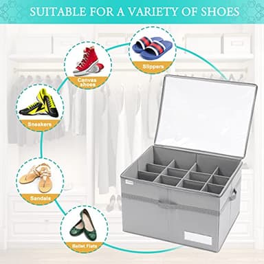 LUVHOMEE Shoe Organizer for Closet, Fits 16 Pairs, Large Shoe Box Storage Containers, Clear Foldable Shoe Storage Bins w/Bottom Support, Space Saving Shoes Holder w/Reinforced Handles, Gray - Image 3