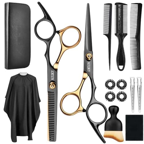 AULikY Hair Cutting Scissors Shears Kits, 15 Pcs Professional Stainless Steel Hairdressing Shears Set Thinning Scissors for Barber/Salon/Home/Men/Women/Kids/Adults - Image 1
