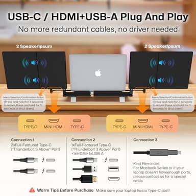14" Laptop Screen Extender Smart Base - Upgraded Triple Portable Monitor FHD 1080P -300% More Efficient, 360° Rotation/Detachable Dual Display, Plug-Play USB C/HDMI,Laptop Monitor Extender for Win/Mac - Image 7